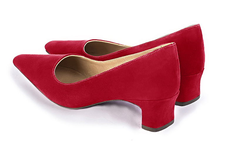 Cardinal red women's dress pumps,with a square neckline. Tapered toe. Low kitten heels. Rear view - Florence KOOIJMAN